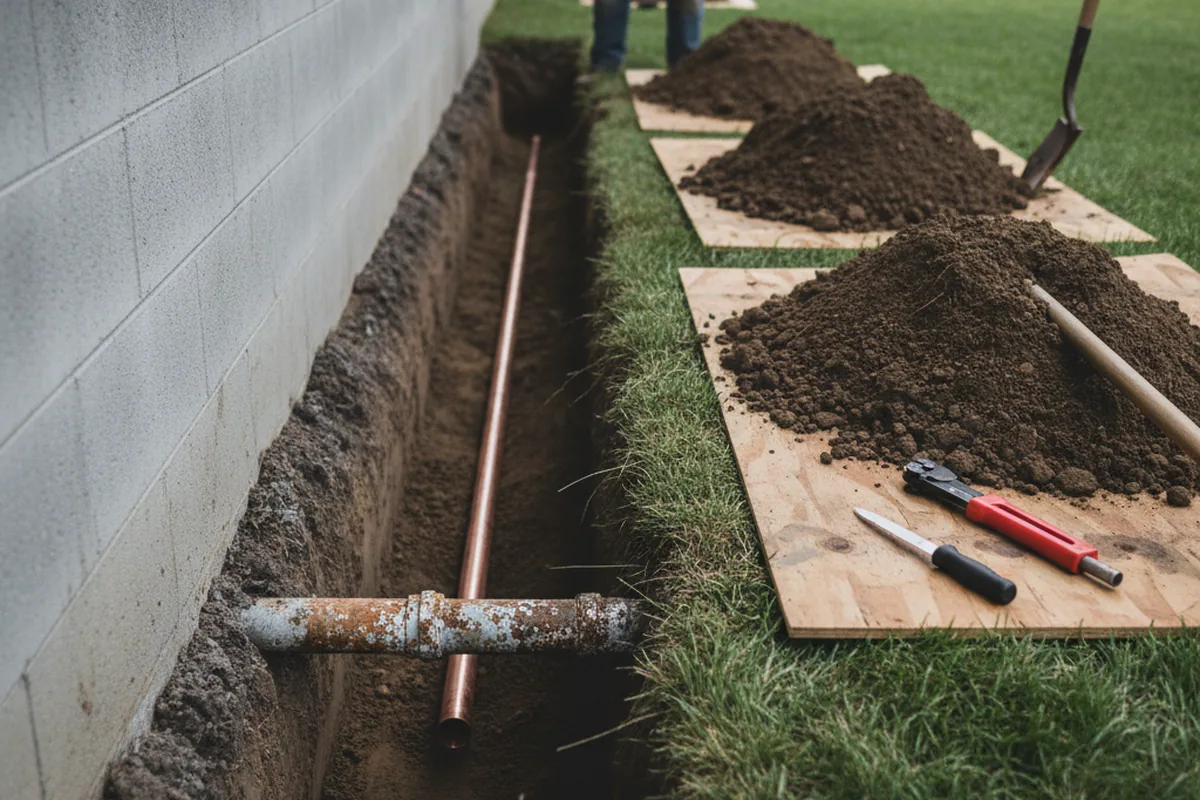 Excavated water line trench during Water Softener Installation in Seabrook